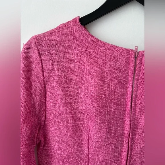 Vintage Pink woven Linen Blend Dress Lace Trim Bell Sleeve Cottagecore 70s 80s - Picture 12 of 12